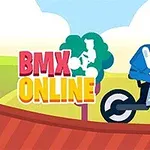 En tegneseriefigur på en BMX-cykel kører på en rød rampe med teksten BMX Online i baggrunden