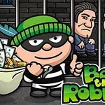 En tegneseriefigur med en grøn hue og røvermaske står foran to personer i fængselsceller med en sæk penge og mønter ved siden af teksten Bob the Robber