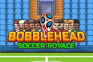 Tegneseriefigurer af fodboldspillere med store hoveder og teksten Bobblehead Soccer Royale foran en tribune med blå sæder