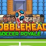 Tegneseriefigurer af fodboldspillere med store hoveder og teksten Bobblehead Soccer Royale foran en tribune med blå sæder
