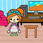 Tegning af en pige med orange hår og blå sløjfe i et værelse med en computer på et bord samt en lyserød sofa