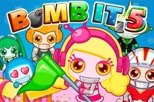 Farverige animerede figurer i forskellige kostumer med stort “BOMB IT 5” i toppen
