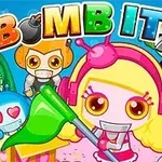 Farverige animerede figurer i forskellige kostumer med stort “BOMB IT 5” i toppen