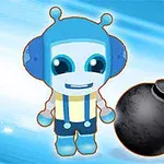Blå og hvid robot med antenner står ved siden af en tændt sort bombe og nummeret otte på en farverig baggrund