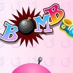Farverigt logo med ordene Bomb It hvor o er en sort bombe på en lyserød baggrund