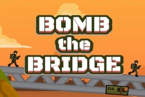 Stor tekst Bomb the Bridge med to soldater på en bro mod en orange baggrund