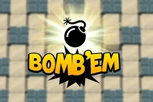 En sort bombetegning med stjerneformet eksplosion bagved og teksten BOMBEM i gule bogstaver på beige og blåternet baggrund