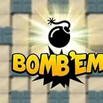 En sort bombetegning med stjerneformet eksplosion bagved og teksten BOMBEM i gule bogstaver på beige og blåternet baggrund