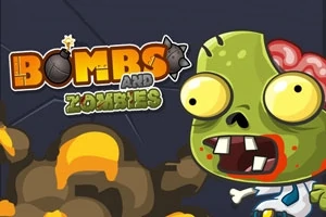 En tegneserie-zombie med store øjne og en åben mund ved siden af ordet bombs skrevet med en bombeillustration, omgivet af røg og ild