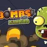 En tegneserie-zombie med store øjne og en åben mund ved siden af ordet bombs skrevet med en bombeillustration, omgivet af røg og ild