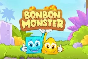 Farverige tegneseriefigurer, en blå firkant og en gul dråbe, smiler under skiltet BONBON MONSTER omgivet af en grøn naturbaggrund