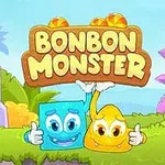 Farverige tegneseriefigurer, en blå firkant og en gul dråbe, smiler under skiltet BONBON MONSTER omgivet af en grøn naturbaggrund
