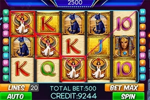 Slotmaskine med egyptiske symboler som katte, farao, og hieroglyffer samt en gevinstlinje