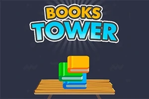 Teksten Books Tower i lyse farver med en stabel bøger ovenpå et træbord