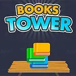 Teksten Books Tower i lyse farver med en stabel bøger ovenpå et træbord