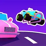 To farvede biler svæver på en lilla baggrund, den ene pink og den anden blå, over en vej