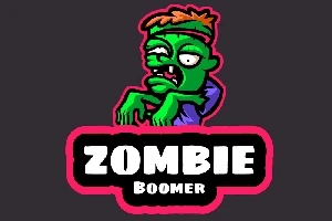 Grøn zombie-figur med orange hår og lilla trøje over teksten Zombie Boomer på sort baggrund