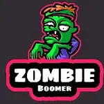 Grøn zombie-figur med orange hår og lilla trøje over teksten Zombie Boomer på sort baggrund