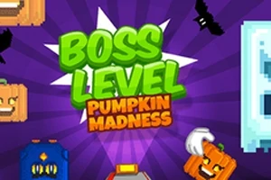 Grøn tekst med ordene Boss Level og Pumpkin Madness på en lilla baggrund med stiliserede græskar, flagermus og en retro spilæstetik
