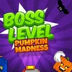 Grøn tekst med ordene Boss Level og Pumpkin Madness på en lilla baggrund med stiliserede græskar, flagermus og en retro spilæstetik