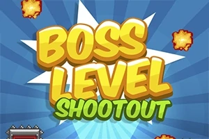 Stor, farverig tekst med ordene Boss Level Shootout på en blå baggrund med stjerneeksplosioner og små eksplosionseffekter omkring