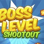 Stor, farverig tekst med ordene Boss Level Shootout på en blå baggrund med stjerneeksplosioner og små eksplosionseffekter omkring