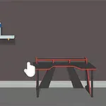 Et simpelt værelse med et skrivebord, en gamer-stol og en hylde med en flaske på en mørk baggrund