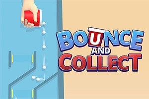 Hånd, der hælder hvide kugler ud af et rødt bæger mod en blå væg med zigzag-formede forhindringer og teksten Bounce and Collect