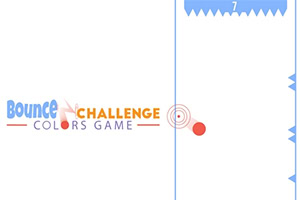 Minimalistisk skærmbillede med Bounce Colors-logo, blå piggede kanter, tallet 7 øverst og en rød kugle ved en cirkulær målskive