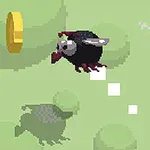 En pixeleret sort fugl flyver over en grøn baggrund med en gylden mønt i nærheden