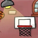 En tegnet basketball i luften tæt på en kurv med en net i et rum med to buede vinduer i baggrunden