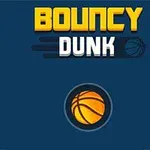 En grafisk illustration med teksten Bouncy Dunk og en gul basketball på en blå baggrund