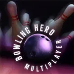 Bowlingkugle og ni kegler, hvor nogle er faldet, med teksten Bowling Hero Multiplayer rundt om kuglen