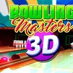 Farverigt billede af en bowlingbane med kugler og kegler, overskygget af teksten Bowling Masters 3D i grønne, røde og lilla farver