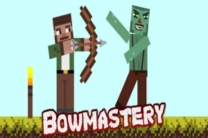 En pixeleret figur med bue skyder mod en pixeleret zombie med teksten Bowmastery nederst