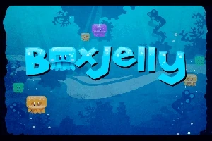 Farverige geléfisk og teksten Box Jelly mod en dybblå undervandsbaggrund