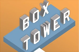 Blå platform med teksten BOX TOWER skrevet i hvide, 3D-bogstaver på en orange baggrund