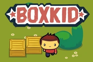 En tegneseriefigur med brunt hår står ved siden af to kasser på en græsgrøn baggrund med teksten BOXKID øverst