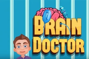 Tegneseriefigur med brun hår foran teksten BRAIN DOCTOR og en tegneseriehjerne i baggrunden