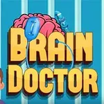 Tegneseriefigur med brun hår foran teksten BRAIN DOCTOR og en tegneseriehjerne i baggrunden