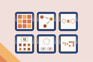Illustration med seks ikoner i blå rammer, der viser farvede firkanter, tal og geometriske figurer