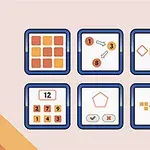 Illustration med seks ikoner i blå rammer, der viser farvede firkanter, tal og geometriske figurer