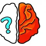 En illustration af en hjerne opdelt i to halvdele, hvor venstre side er hvid med et blåt spørgsmålstegn, og højre side er orange med sorte linjer