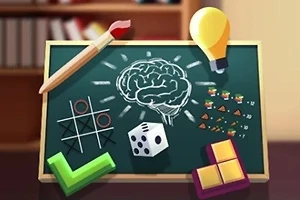 Kridttavle med et hjerneillustration, kryds og bolle-spil, terning, Tetris-brikker, pære og pensel i en klasseværelsesindstilling