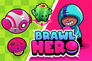Farverige tegneseriefigurer, inklusive en robot, en kaktus, en svamp og en person i hættetrøje, mod en opdelt grøn og pink baggrund med teksten Brawl Hero