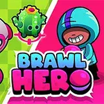 Farverige tegneseriefigurer, inklusive en robot, en kaktus, en svamp og en person i hættetrøje, mod en opdelt grøn og pink baggrund med teksten Brawl Hero