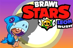 Tegneseriefigur iført en dinosaurdragt ved siden af farverigt logo med teksten Brawl Stars Leon Rush på en gradient baggrund