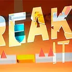 Teksten BREAK IT med geometriske former og skarpe farver på en orange baggrund
