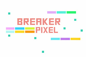 Teksten BREAKER PIXEL i pixelagtig skrifttype på hvid baggrund med farverige rektangulære bjælker og små firkanter spredt omkring