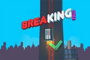 En skyskraber med en glas-elevator og to figurer indeni, omgivet af levende farver og urban skyline, med teksten Breaking Fall i baggrunden